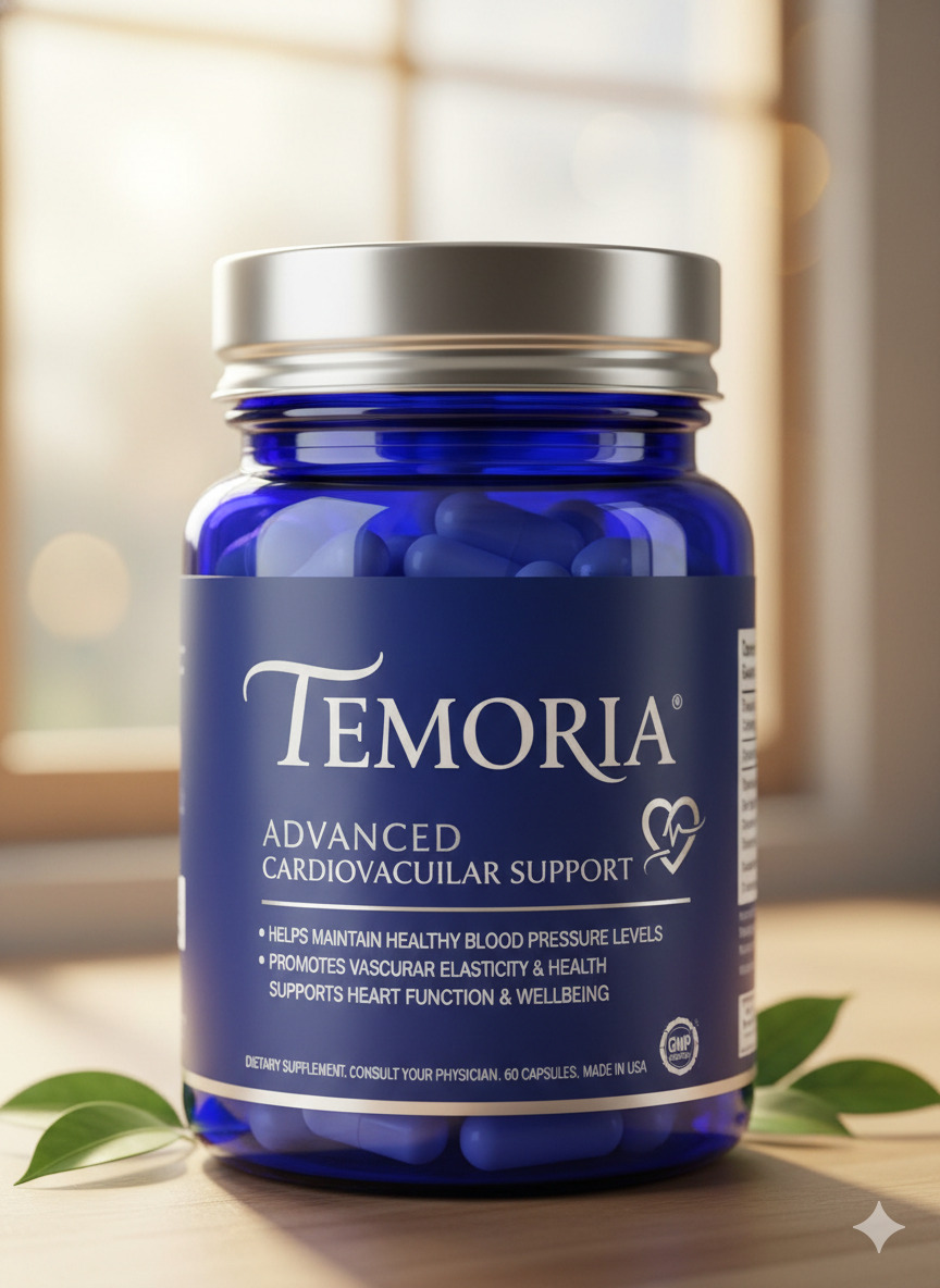 Temoria food supplement bottle and capsules on neutral surface
